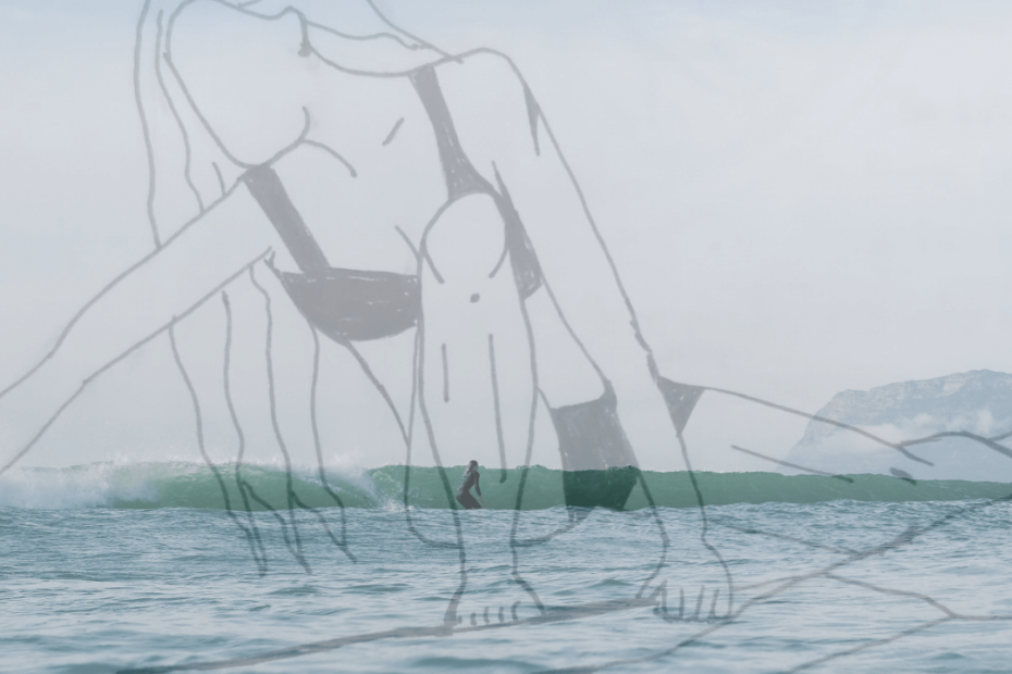 Illustration of a woman surfing over a photo of the ocean